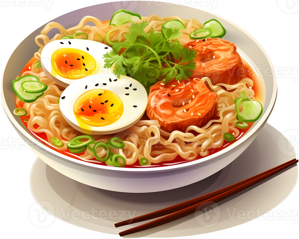 Ramen featuring tender pork slices in a flavorful broth, offers a well-balanced taste profile. AI Generative png