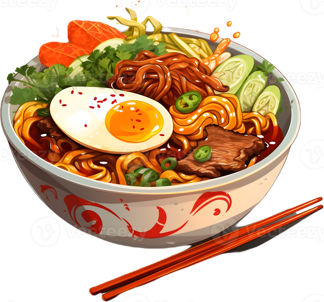 Ramen featuring tender pork slices in a flavorful broth, offers a well-balanced taste profile. AI Generative png