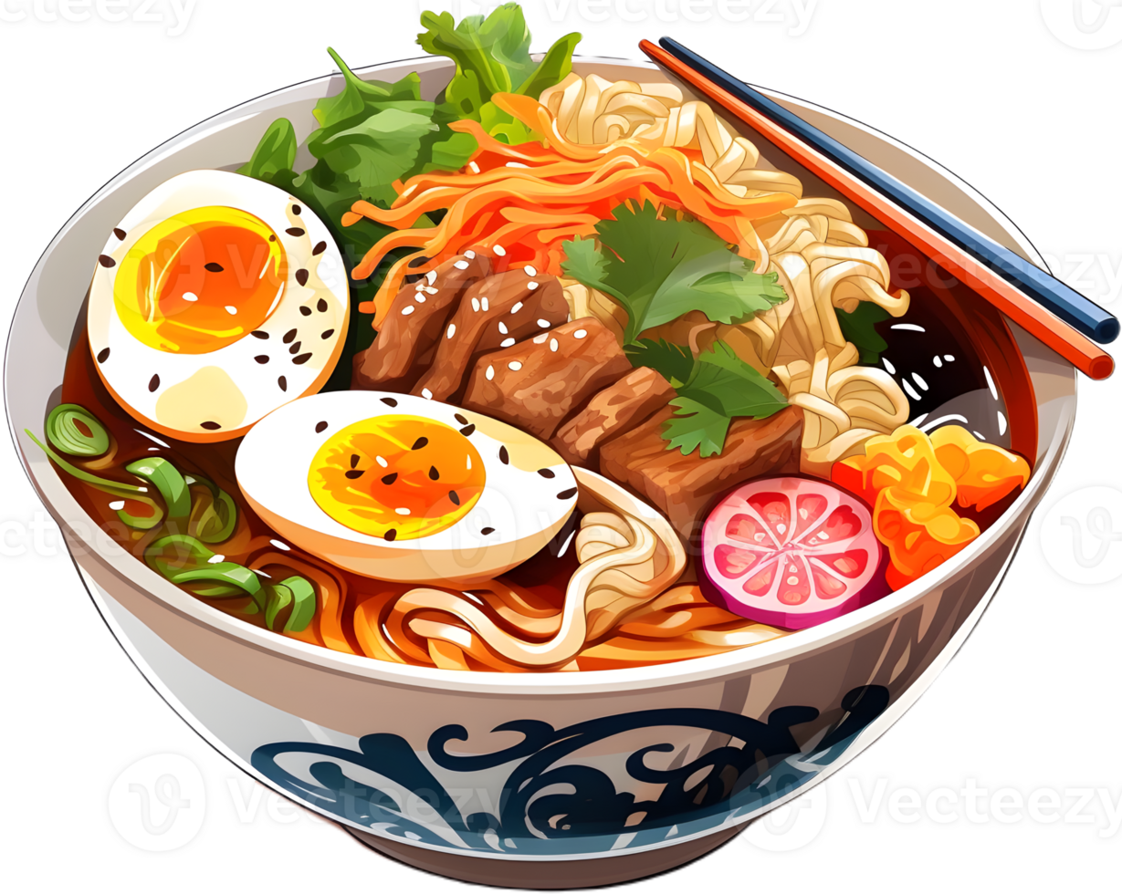 Ramen featuring tender pork slices in a flavorful broth, offers a well-balanced taste profile. AI Generative png
