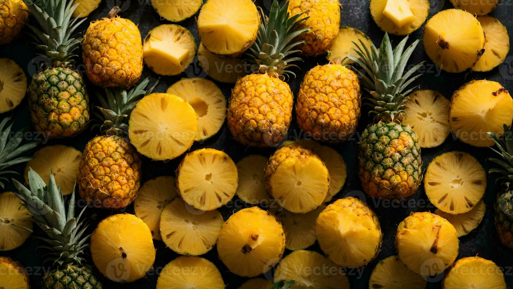 top view of sliced pineapple fruit as textured background. Ai Generated photo