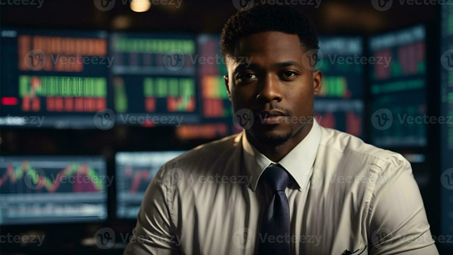 Portrait of Black Stock Market Trader Doing Analysis of Investment Charts, Graphs, Ticker Numbers Projected on His Face. African American Financial Analyst. Ai Generated photo