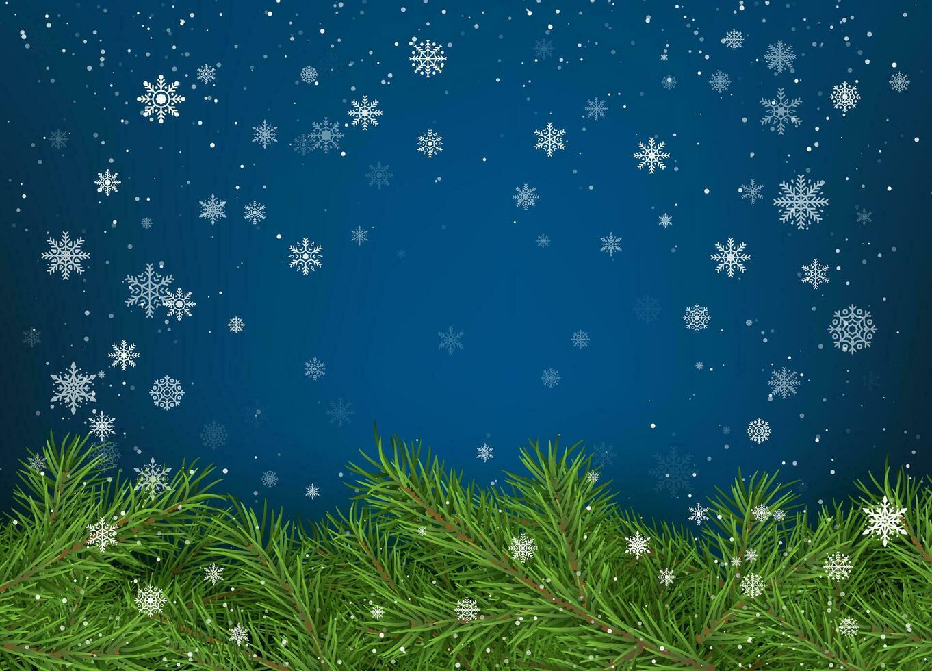 alegre Navidad y contento nuevo año saludo tarjeta. Navidad árbol ramas en azul antecedentes con blanco que cae copos de nieve. fiesta decoración elementos. vector ilustración