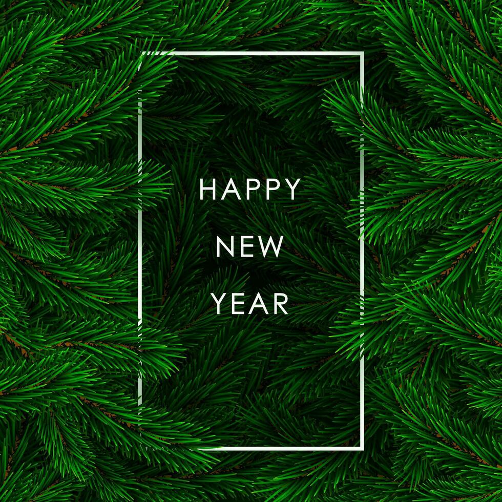 Happy New Year Banner. Fir branch backdrop with white frame. Christmas decoration element. Green colorful pine pattern. New Year tree branches background. Vector illustration