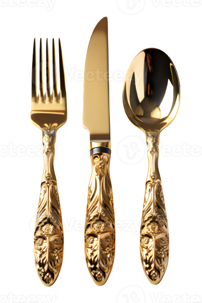 golden knife fork spoon set ,gold tableware ,cutlery isolated cut out ,generative ai png