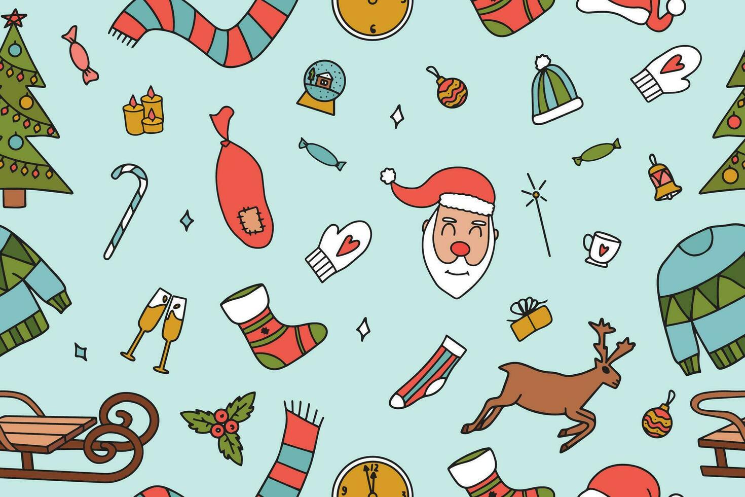 Christmas seamless pattern from doodle illustrations. Endless texture for wallpaper, web page background, wrapping paper. Vector