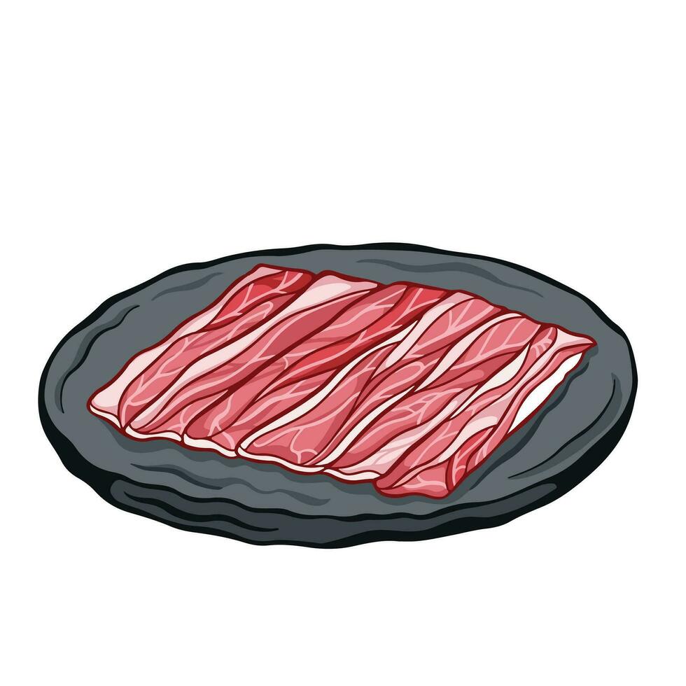Raw beef sliced thin for bbq grilling food ingredients on top of stone plate vector illustration outlined isolated on square white background. Simple flat cartoon art styled food drawings.