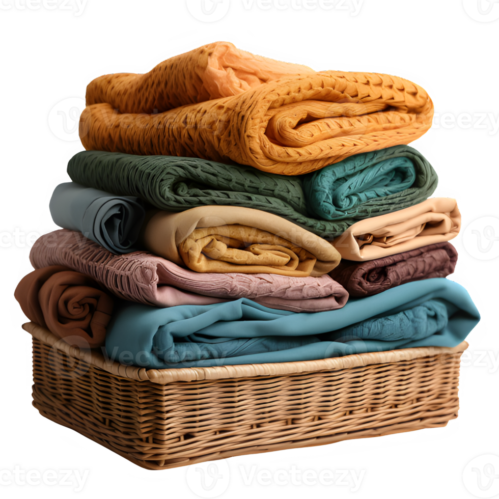 pile of clothes in a square wicker basket cut out isolated on transparent background ,generative ai png