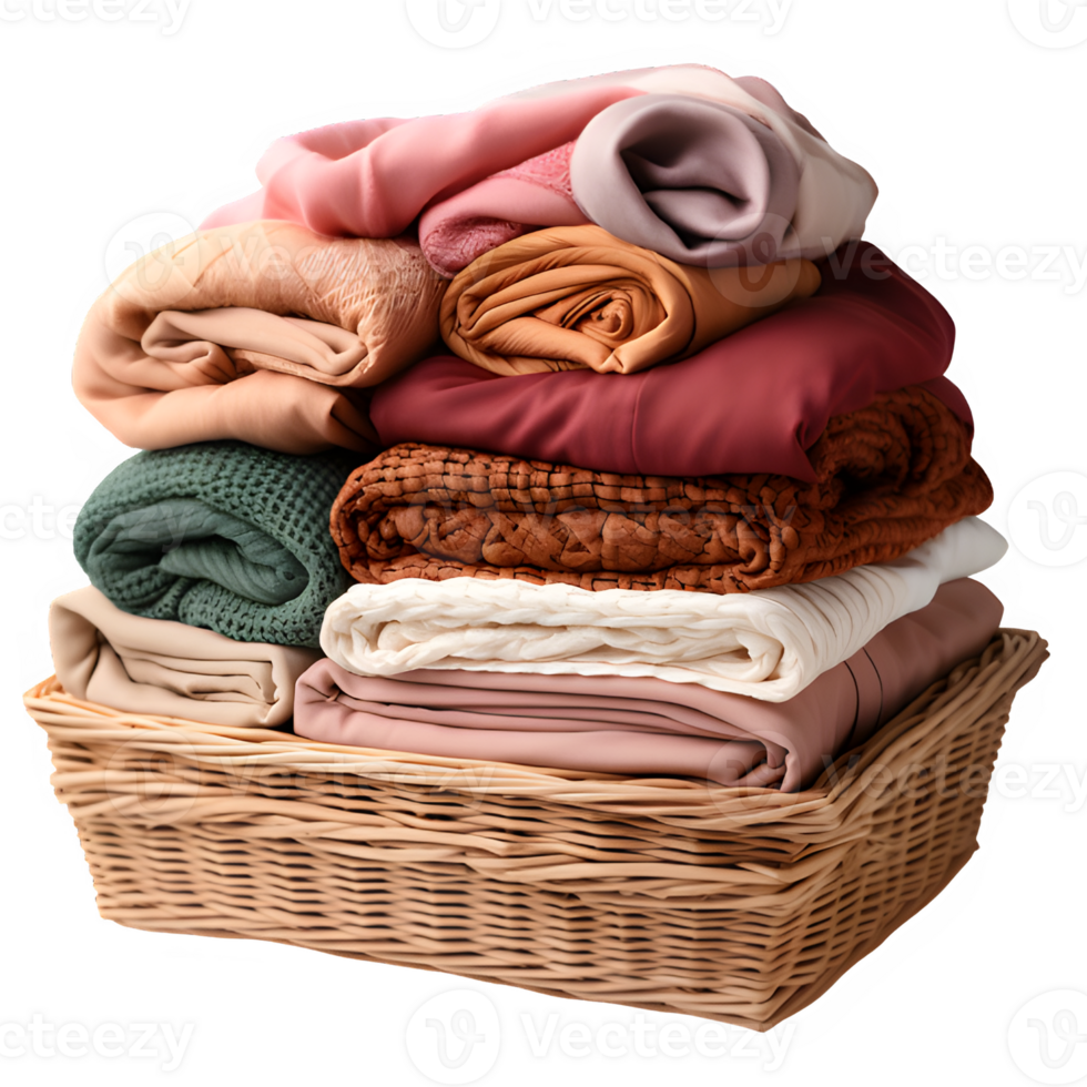 pile of clothes in a square wicker basket cut out isolated on transparent background ,generative ai png
