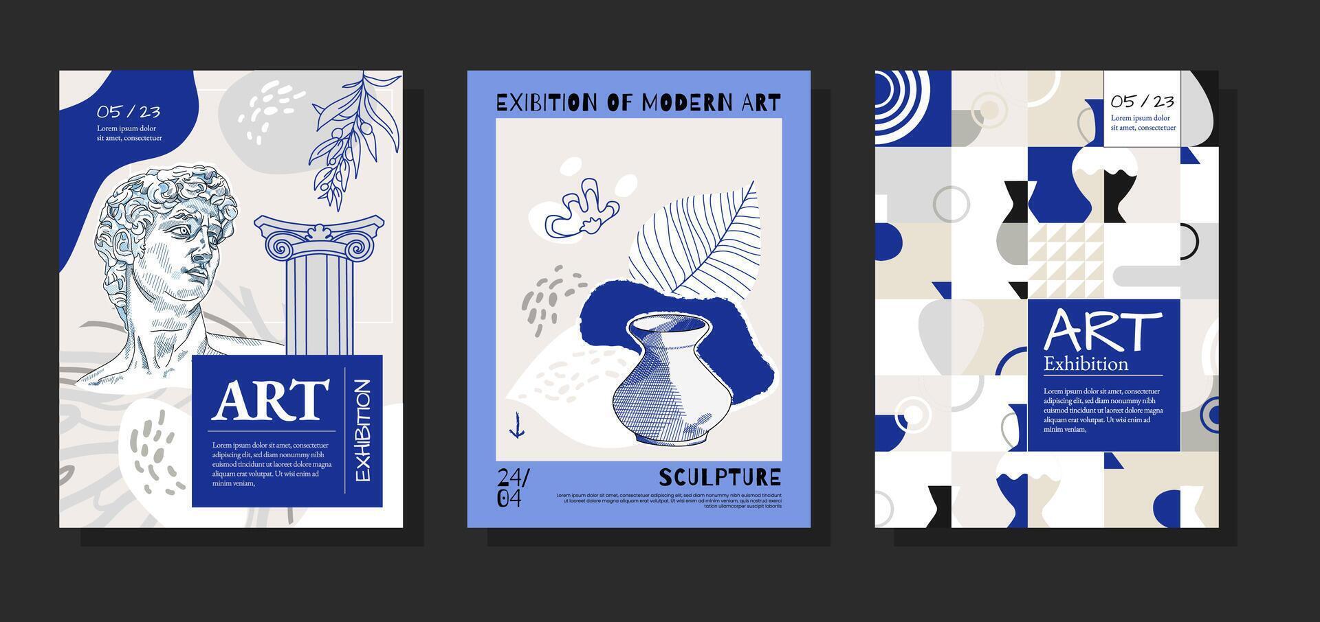 Set of 3 posters for the exhibition,  magazine or cover, vector template with sculpture art, Antique statues, geometric background. Modern ancient Greek or Roman style. Neo Nostalgia banner collection