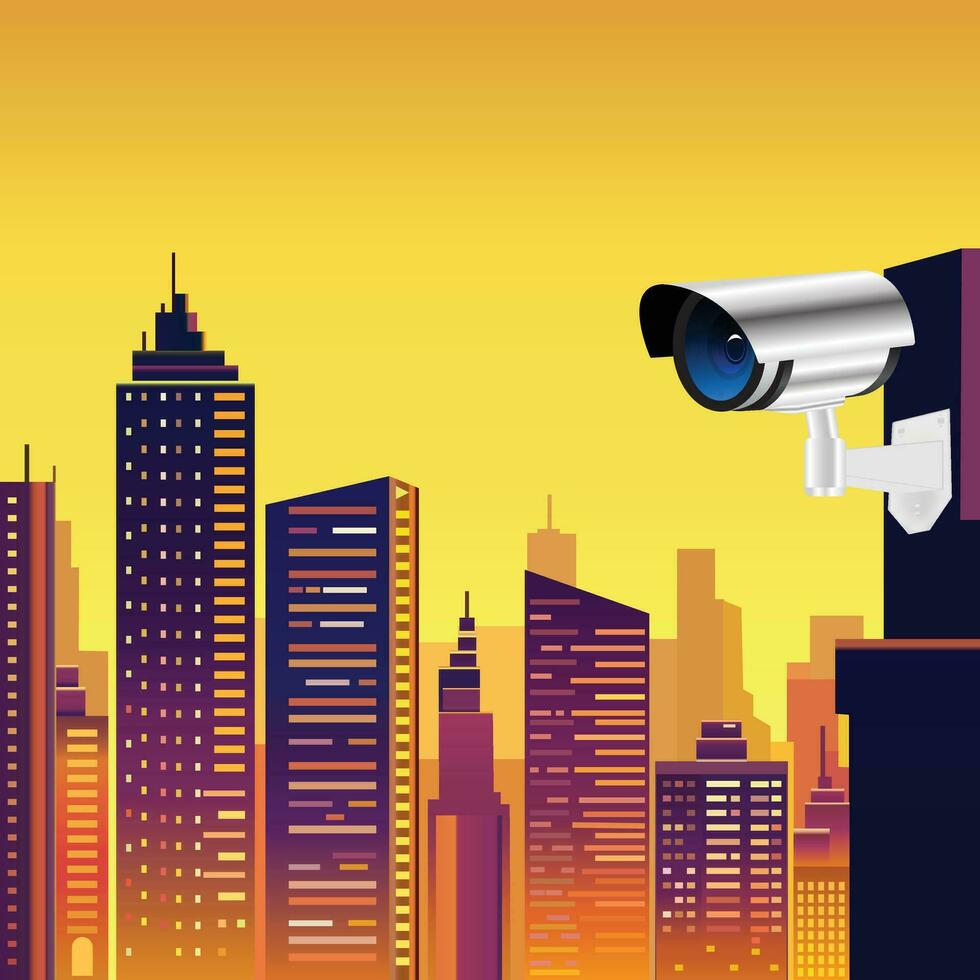 CCTV cameras realistic provide security with image of wall camera with night city lights background. Vector illustration EPS 10.