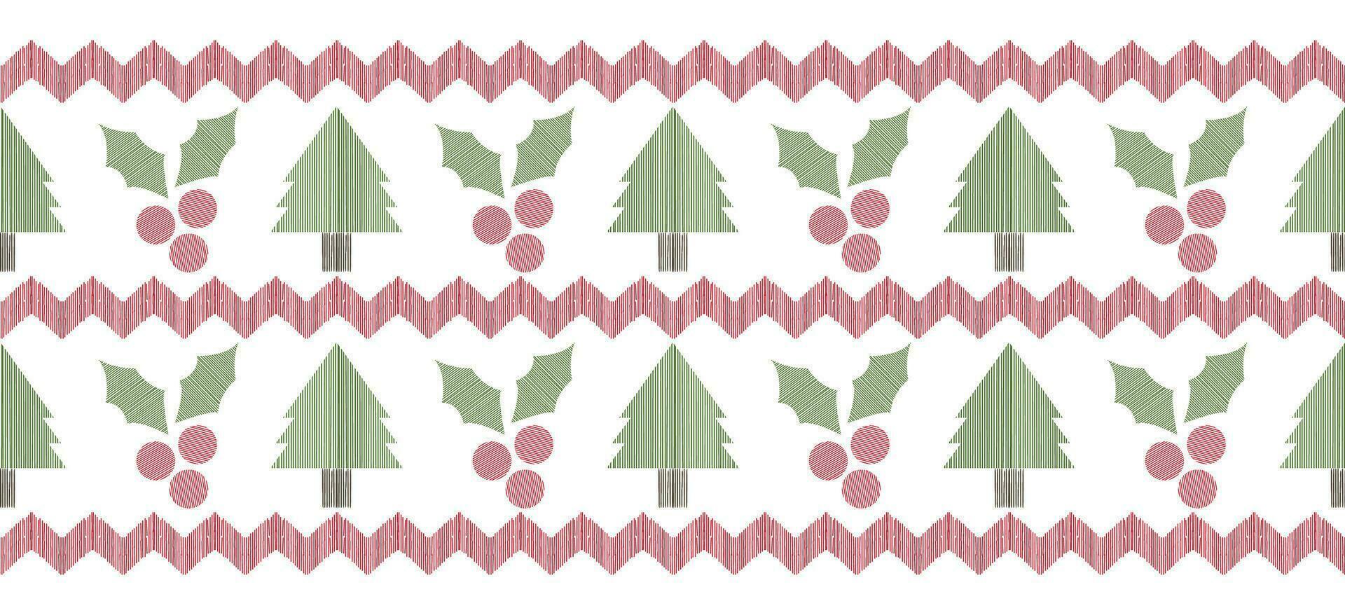 Motif Christmas tree ethnic handmade  Ikat art. Christmas background. folk embroidery Christmas pattern, geometric art ornament print. red, green, white colors. snowflake, star, poinsettia design. vector