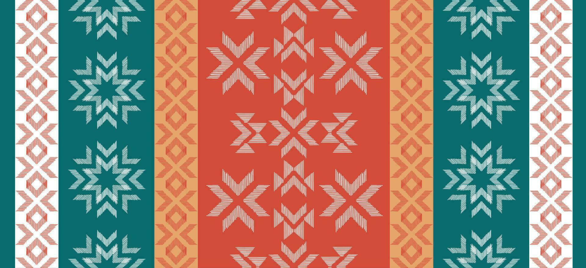 Motif Christmas ethnic handmade beautiful Ikat art. Christmas background. folk embroidery Christmas pattern, geometric art ornament print. red, green, white colors. snowflake, star, poinsettia design. vector