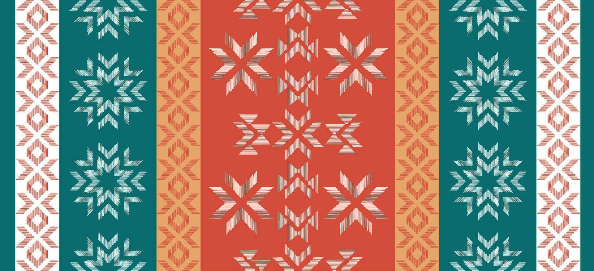 motivo Navidad étnico hecho a mano hermosa ikat Arte. Navidad antecedentes. gente bordado Navidad patrón, geométrico Arte ornamento impresión. rojo, verde, blanco colores. copo de nieve, estrella, flor de pascua diseño. vector