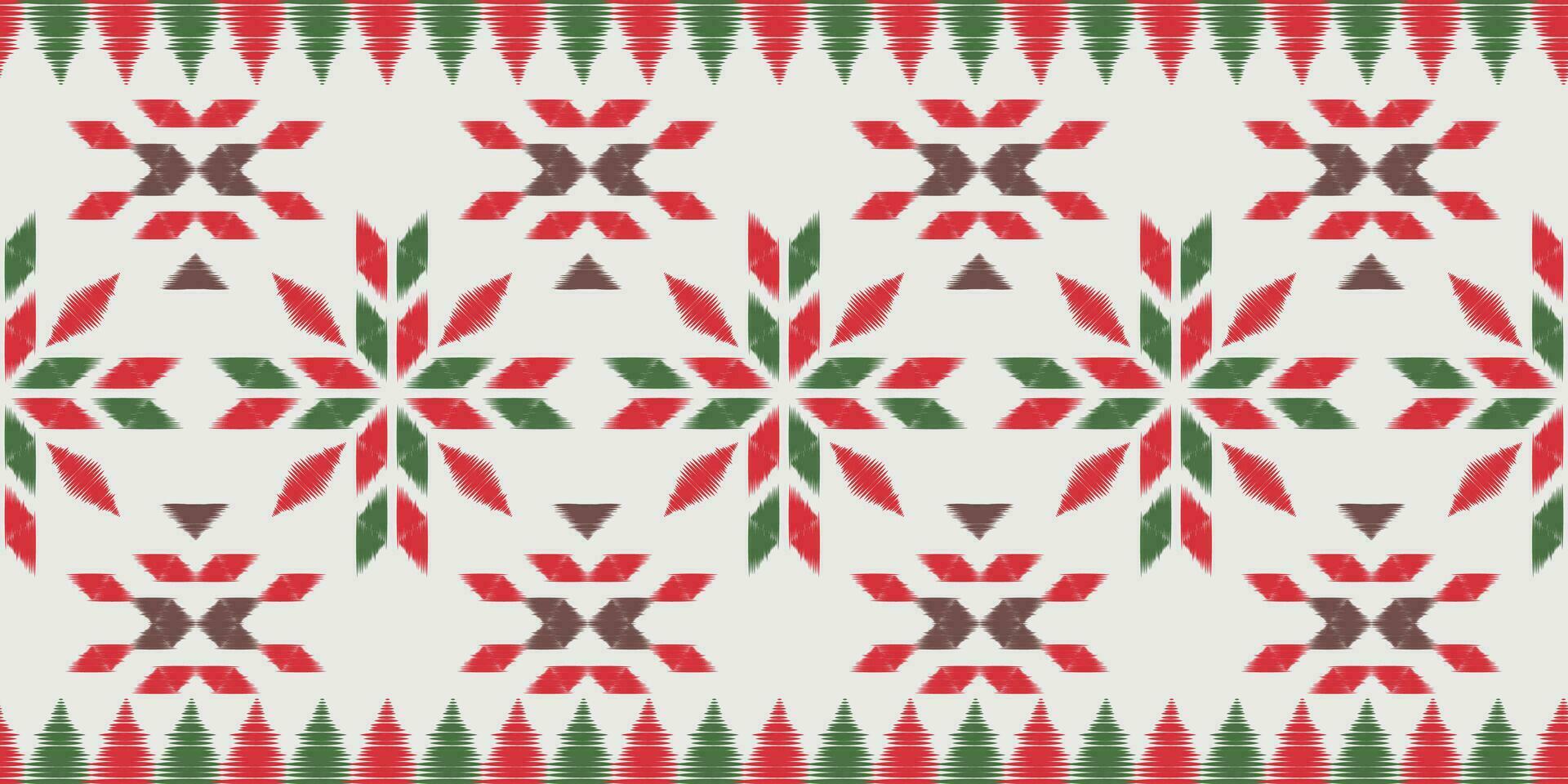 motivo Navidad étnico hecho a mano hermosa ikat Arte. Navidad antecedentes. gente bordado Navidad patrón, geométrico Arte ornamento impresión. rojo, verde, blanco colores. copo de nieve, estrella, flor de pascua diseño. vector