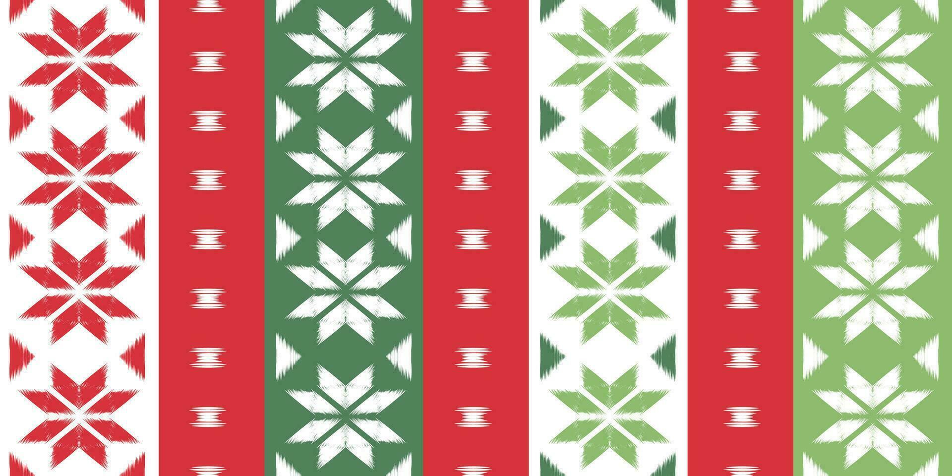 motivo Navidad étnico hecho a mano hermosa ikat Arte. Navidad antecedentes. gente bordado Navidad patrón, geométrico Arte ornamento impresión. rojo, verde, blanco colores. copo de nieve, estrella, flor de pascua diseño. vector
