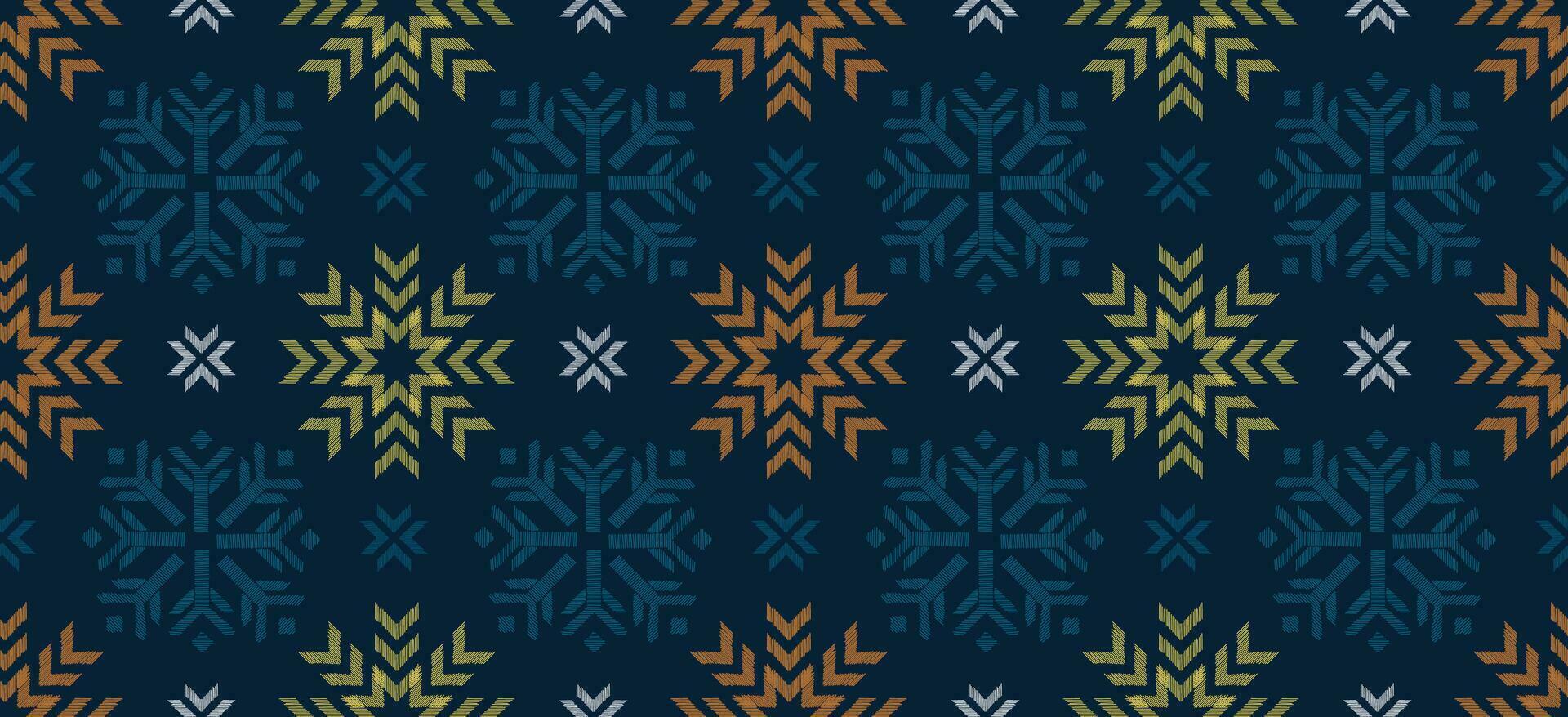 motivo Navidad étnico hecho a mano hermosa ikat Arte. Navidad antecedentes. gente bordado Navidad patrón, geométrico Arte ornamento impresión. azul blanco colores. copo de nieve, estrella, flor de pascua diseño. vector