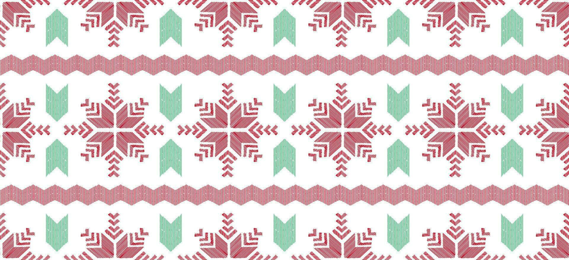 Motif Christmas ethnic handmade beautiful Ikat art. Christmas background. folk embroidery Christmas pattern, geometric art ornament print. red, green, white colors. snowflake, star, poinsettia design. vector
