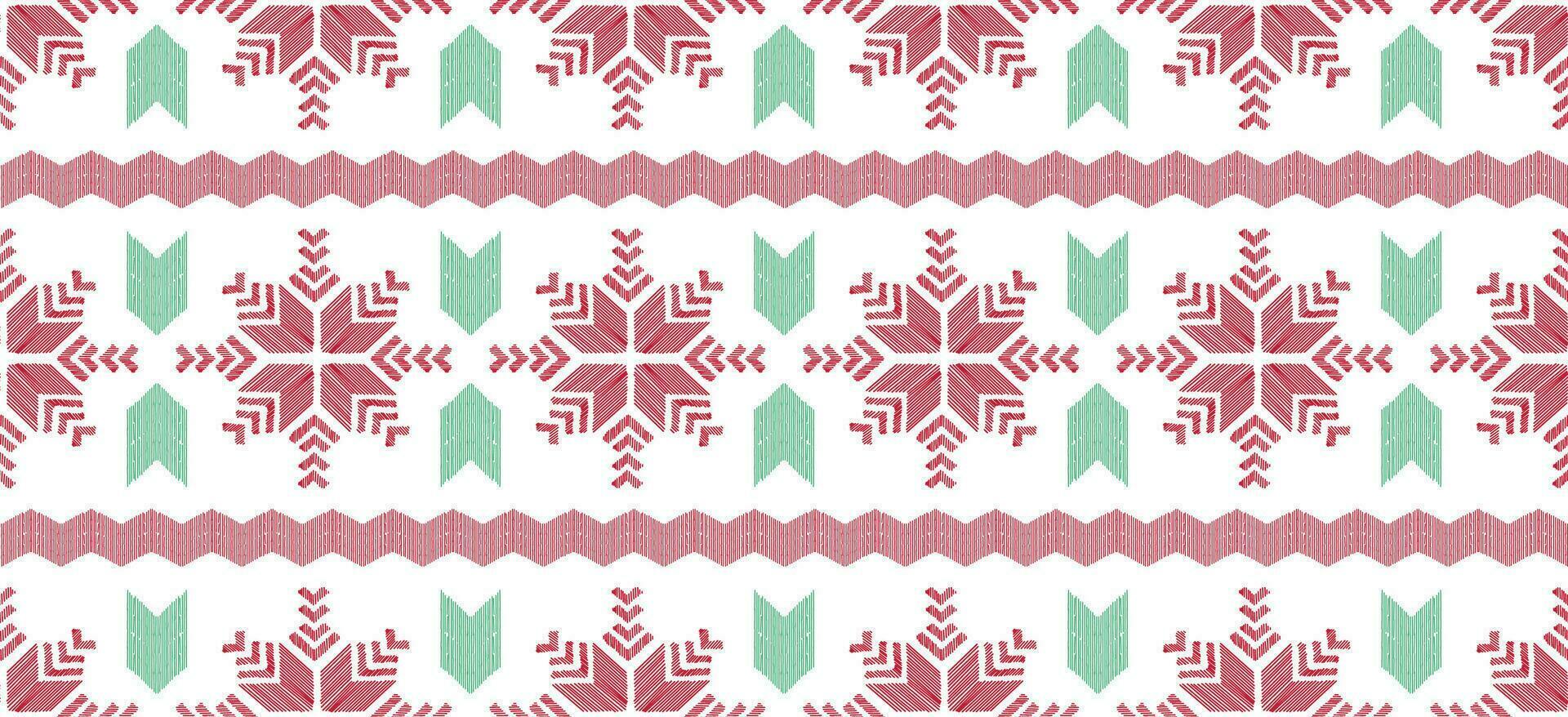 motivo Navidad étnico hecho a mano hermosa ikat Arte. Navidad antecedentes. gente bordado Navidad patrón, geométrico Arte ornamento impresión. rojo, verde, blanco colores. copo de nieve, estrella, flor de pascua diseño. vector