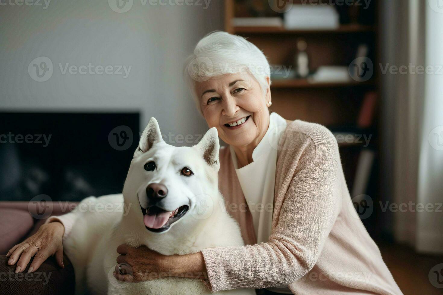 Old woman smiling with dog. Generate Ai photo