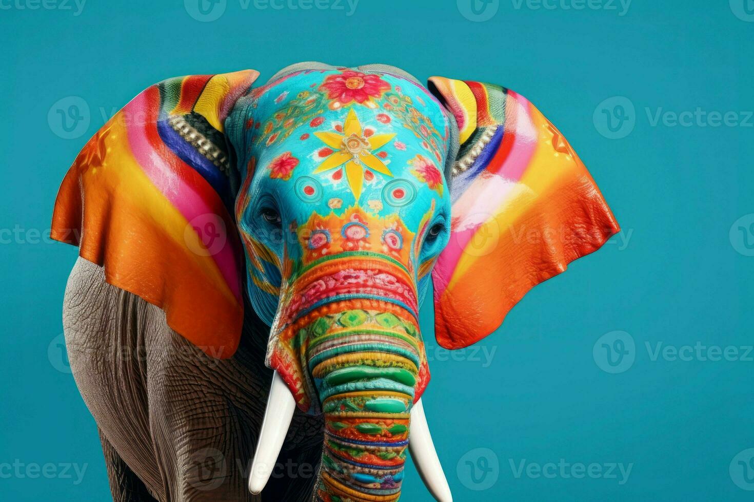 Colorful elephant painted head. Generate Ai photo