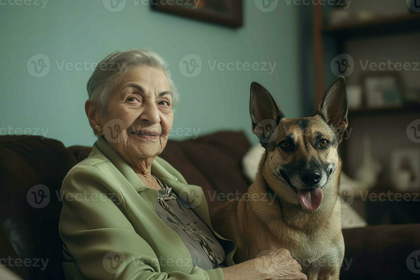 Old woman with dog on sofa. Generate Ai photo