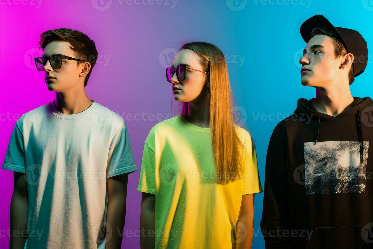 Colorful group teenagers portrait. Generate Ai photo