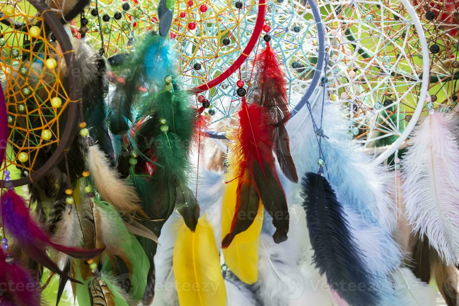 multicolor mullido plumas son suspendido en cuerdas foto