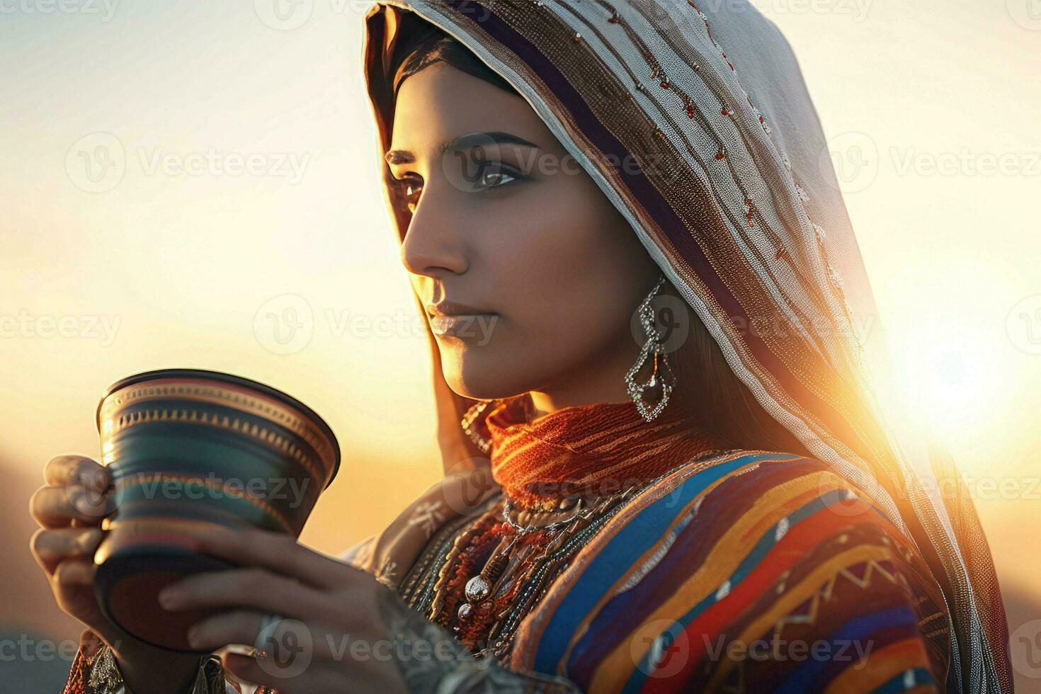 Emirate woman native dress drinking. Generate Ai photo