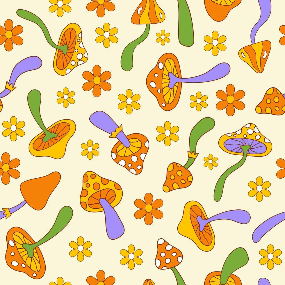 Floral hippie seamless pattern with mushrooms and daisy flowers on a beige background. Groovy retro vintage print in style 70s, 80s. Vector illustration