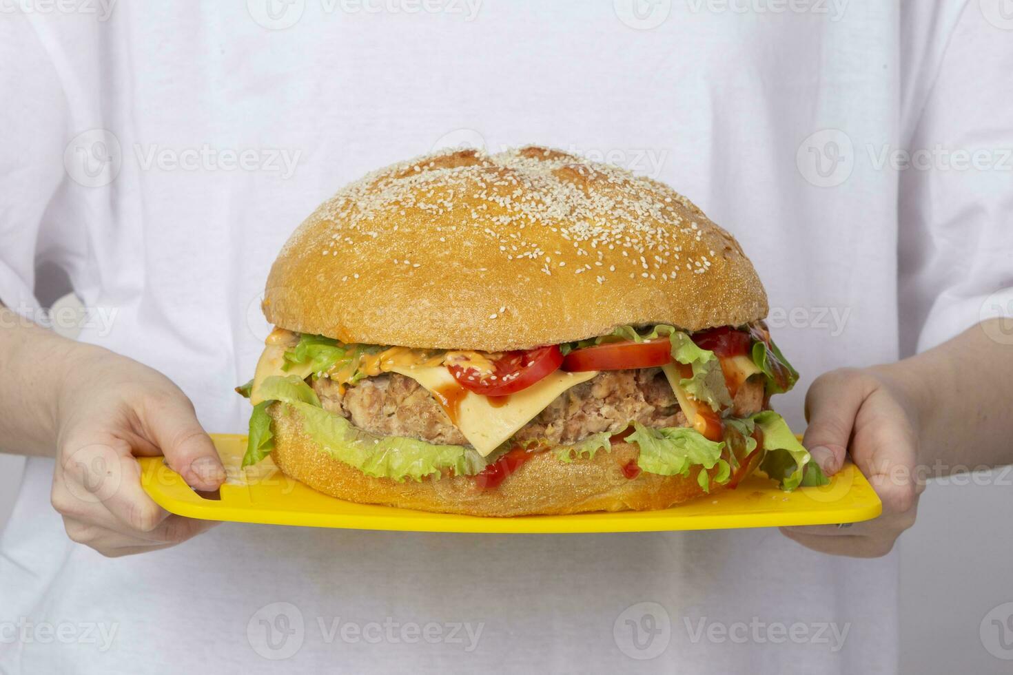 Hands hold a tray with a big burger. photo