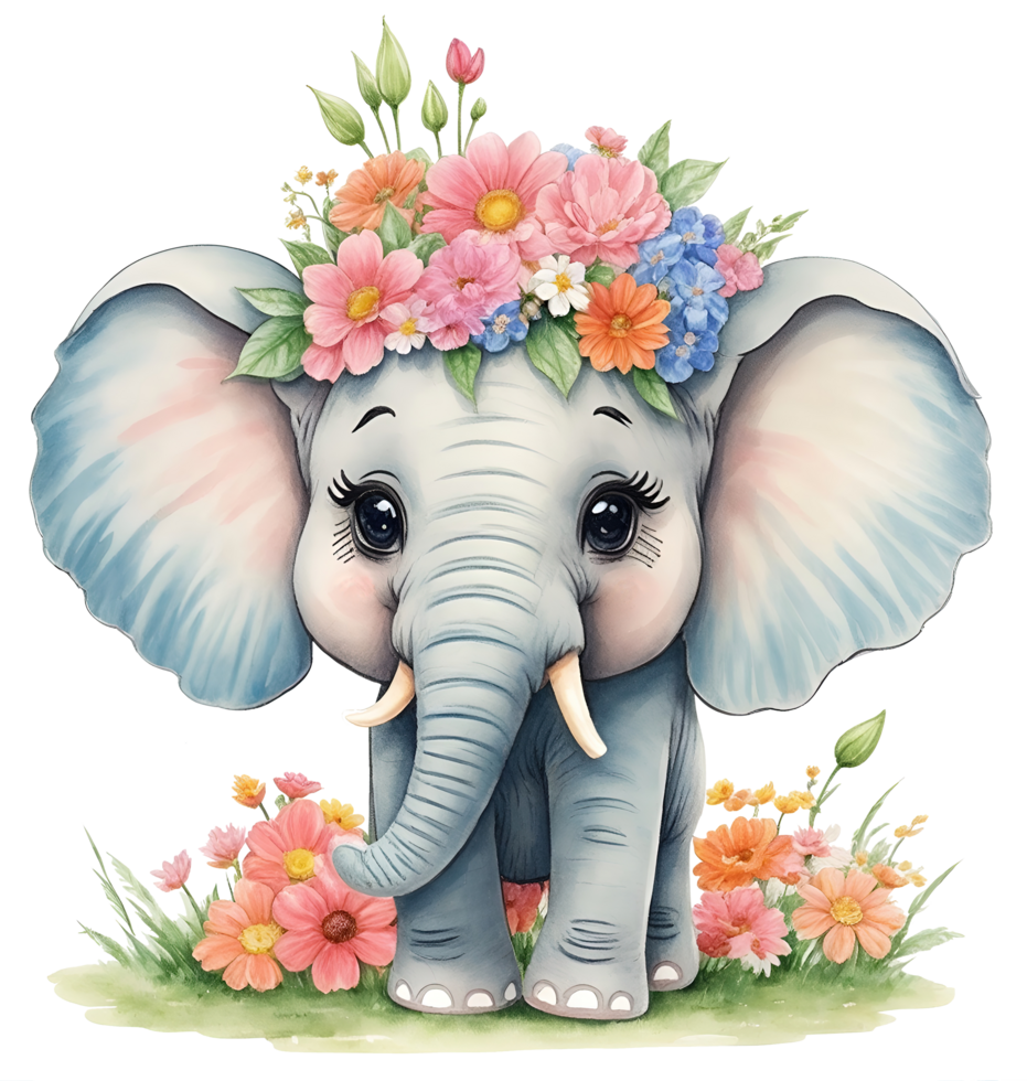 linda dibujos animados elefante con flores en cabeza. ai generativo png