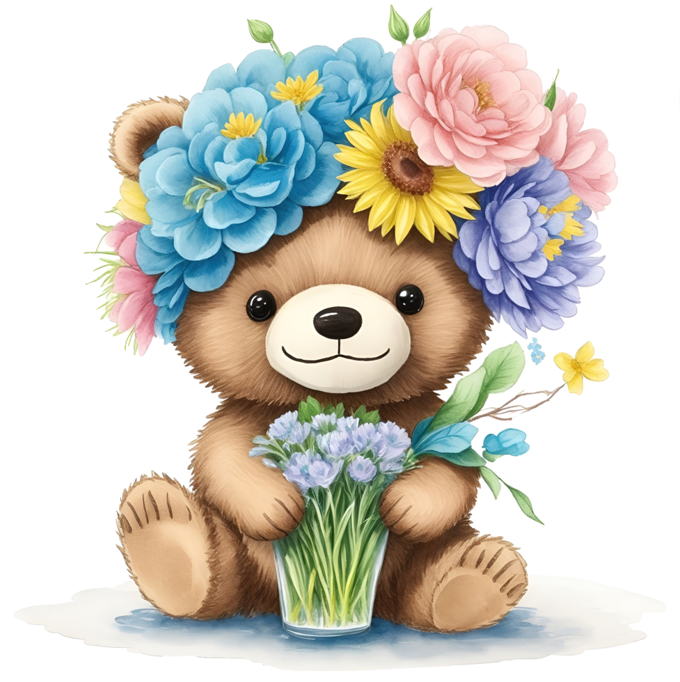 süß Karikatur Bär mit Blumen auf Kopf. ai generativ png