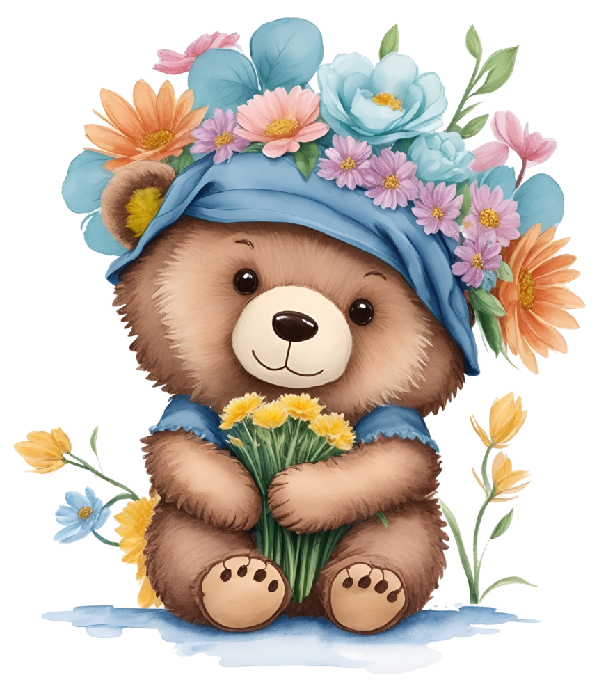 Cute cartoon bear with flowers on head. Ai Generative png