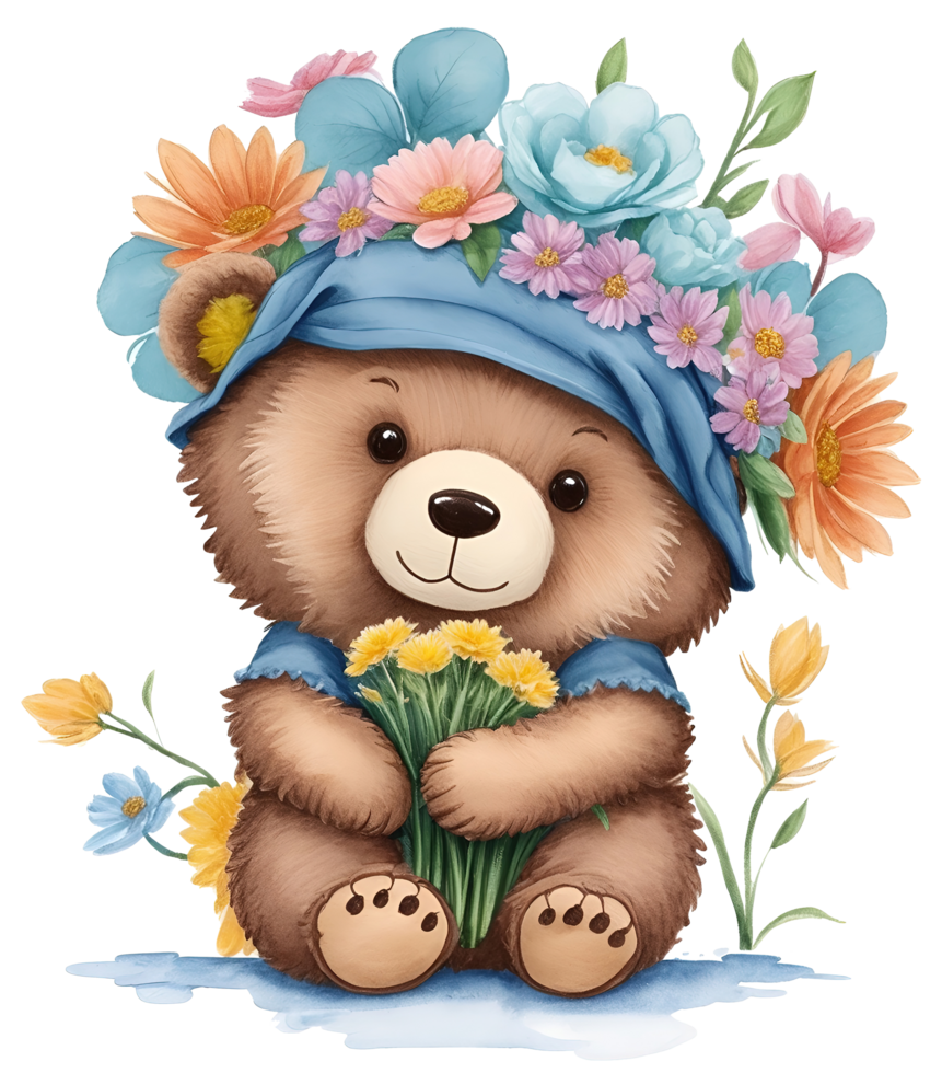 carino cartone animato orso con fiori su testa. ai generativo png