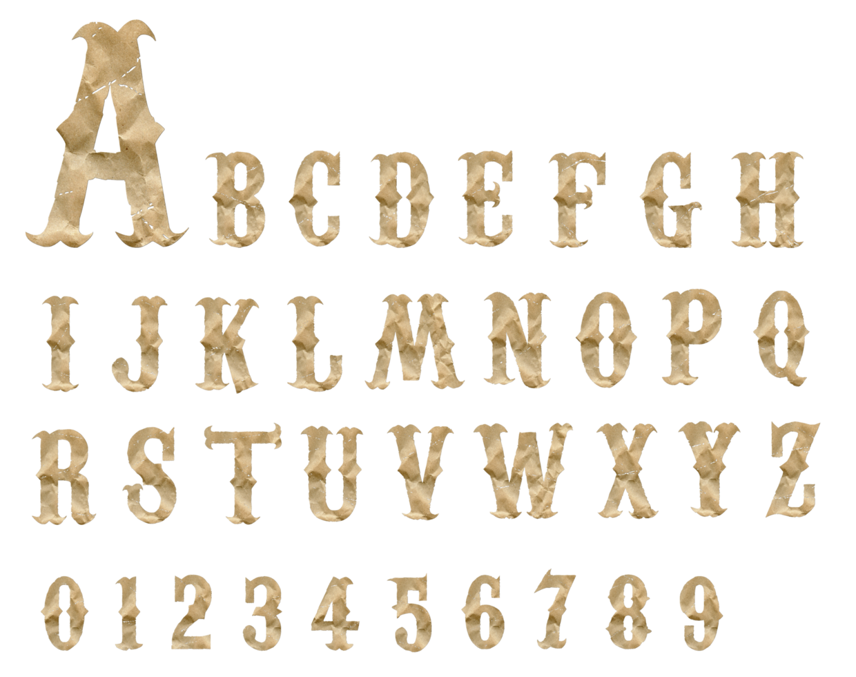 Wrinkled papers alphabet png