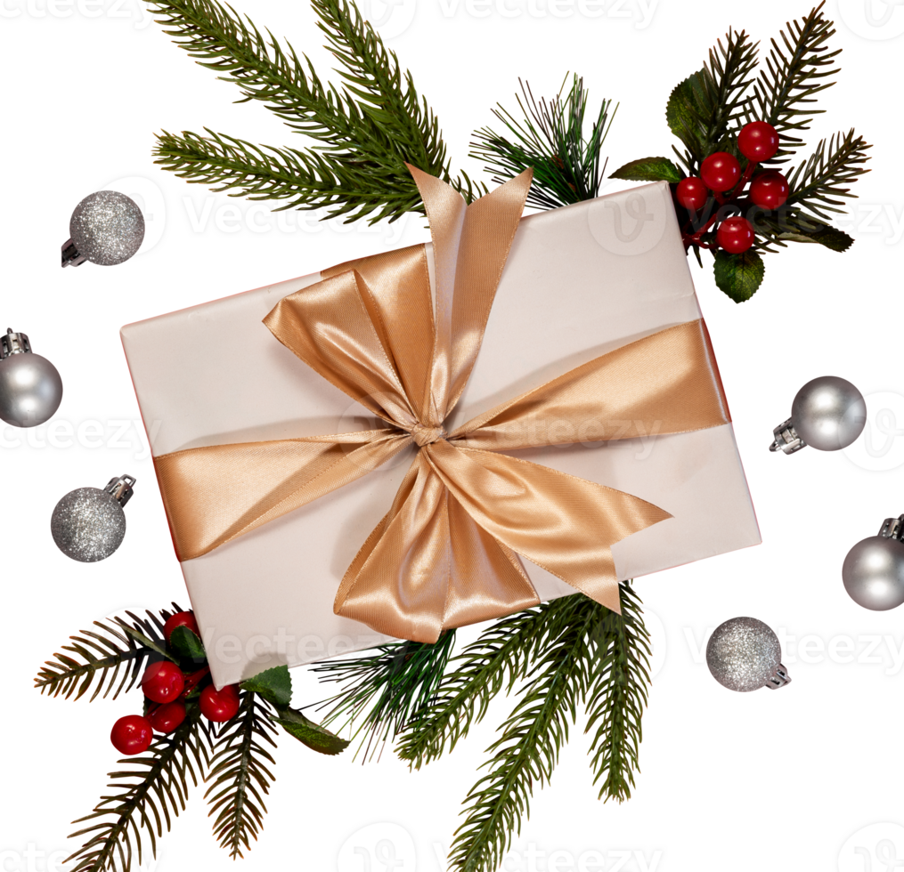 elegance gift boxes with pine and bauble ornament png