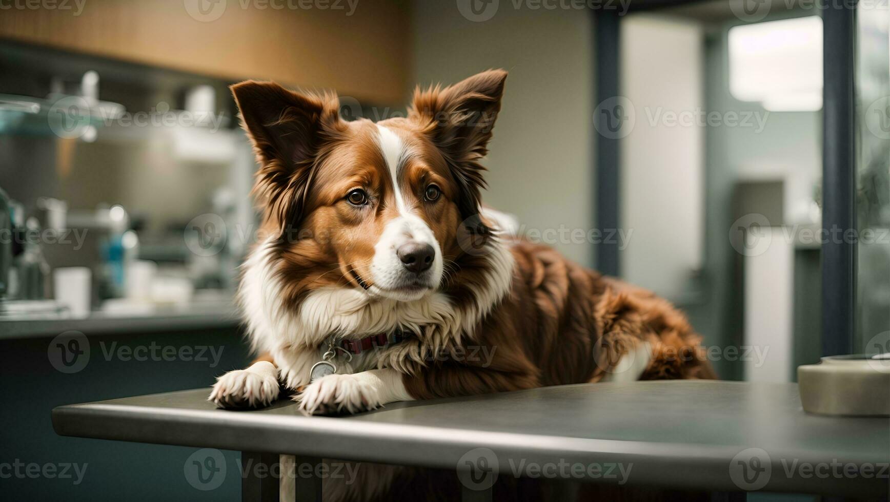 Brown Border Collie dog during visit in vet. Ai Generated photo