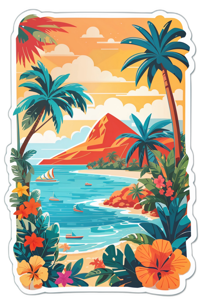 sticker exotisch bloemen paradijs Aan een mooi strand transparant achtergrond ai generatief png