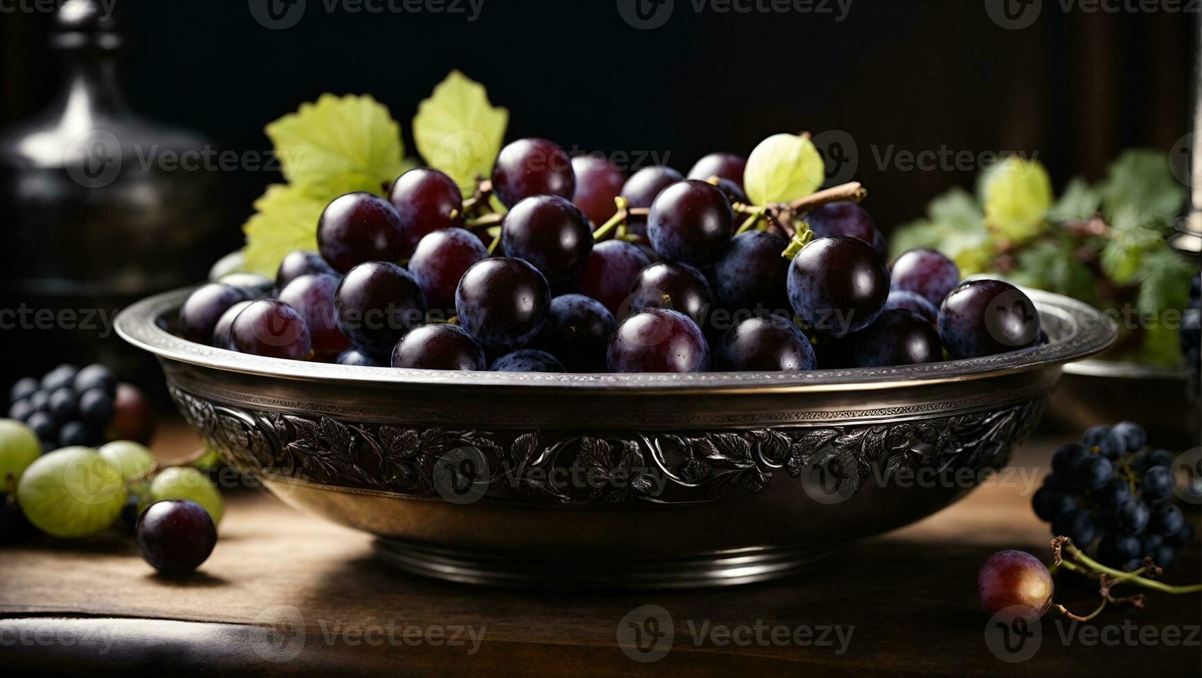 Black Concorde Grapes Are Served in an Antique Silver Bowl. Ai Generated photo