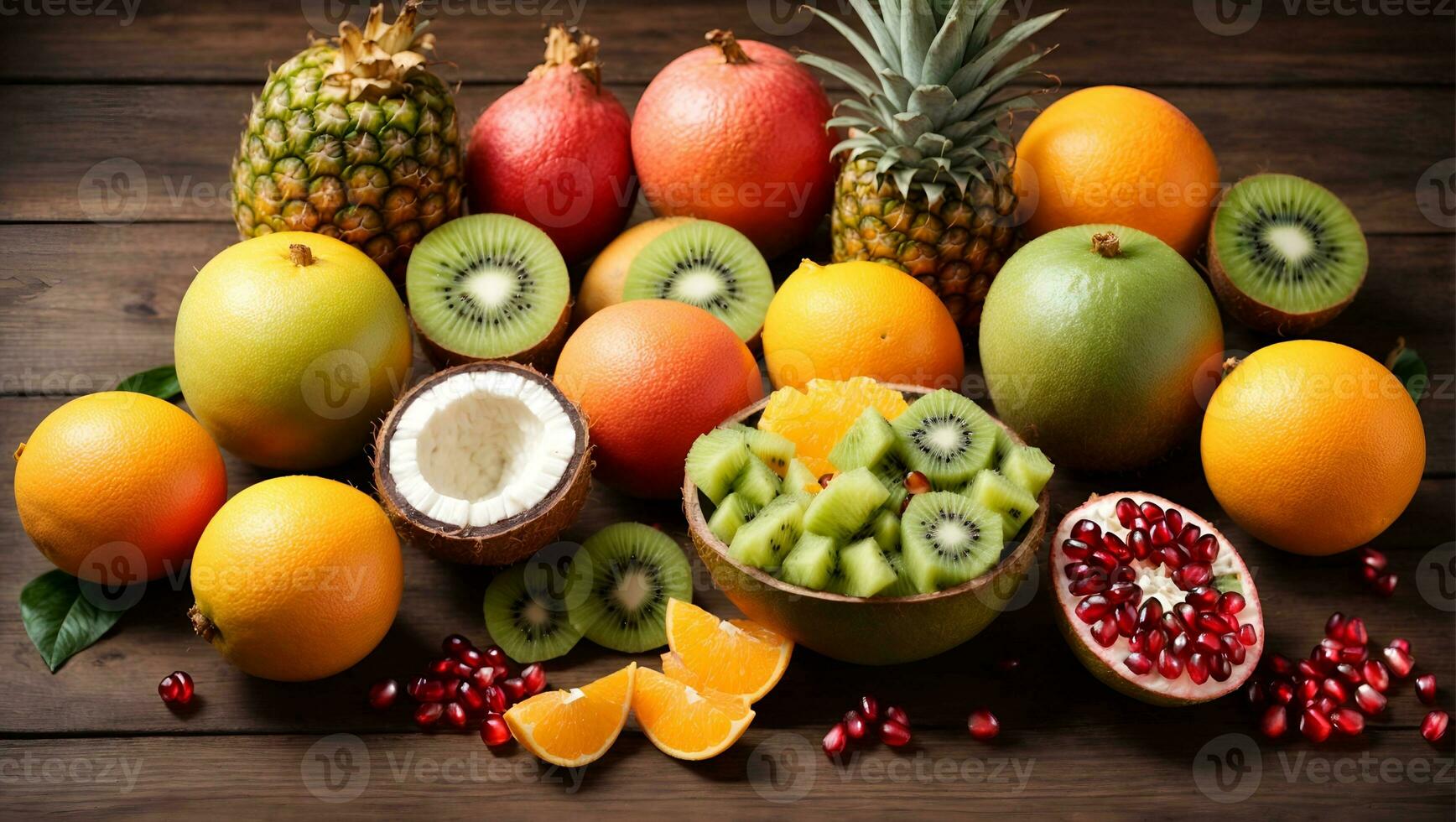 Fresco tropical frutas piña, Coco, kiwi, naranja, granada, pomelo. en un de madera antecedentes. parte superior vista. gratis espacio para texto.. ai generado foto