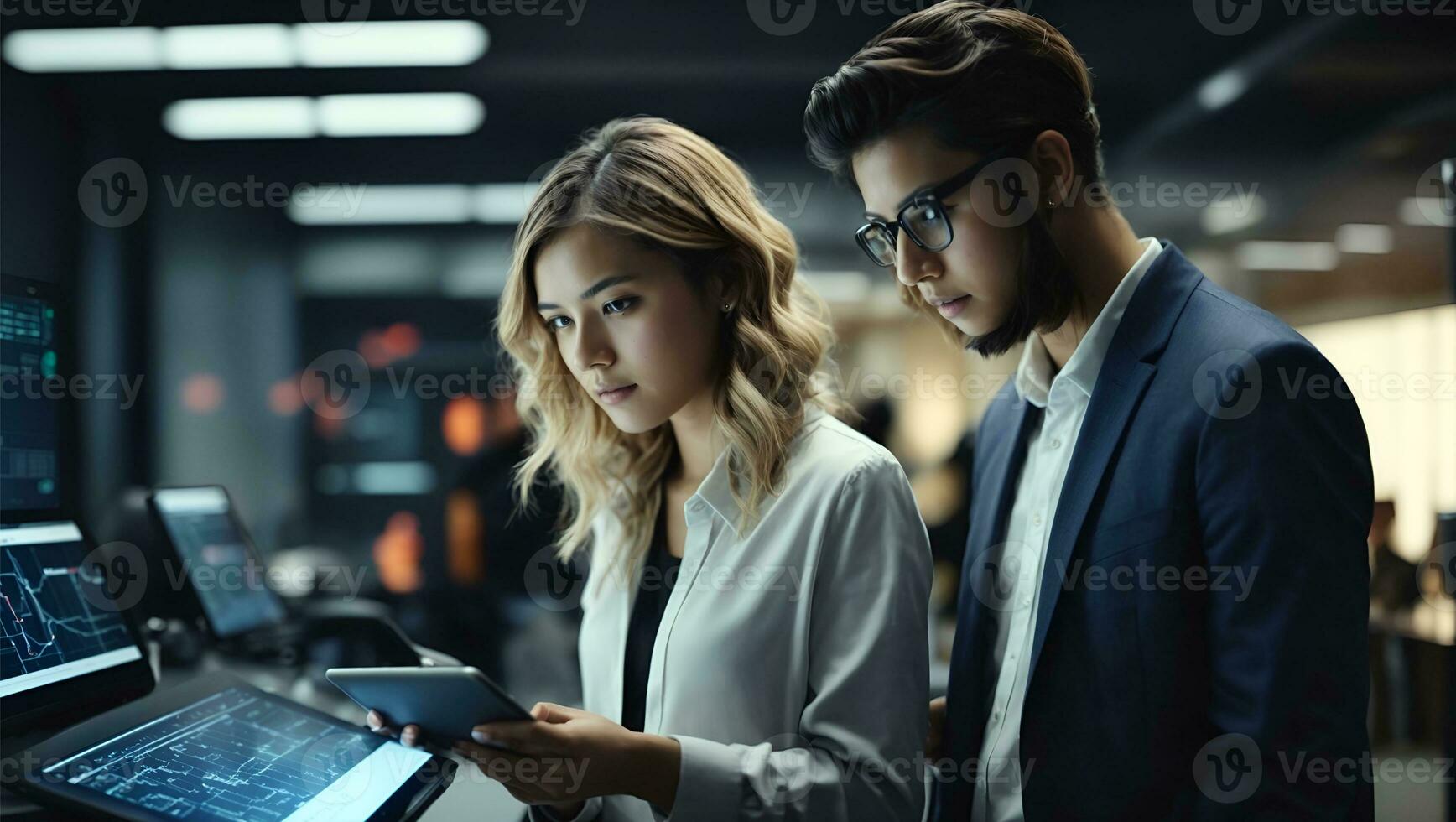 Portrait of Two Creative Young Female and Male Engineers Using Tablet Computer to Analyze and Discuss How to Proceed with the Artificial Intelligence Software. Ai Generated photo