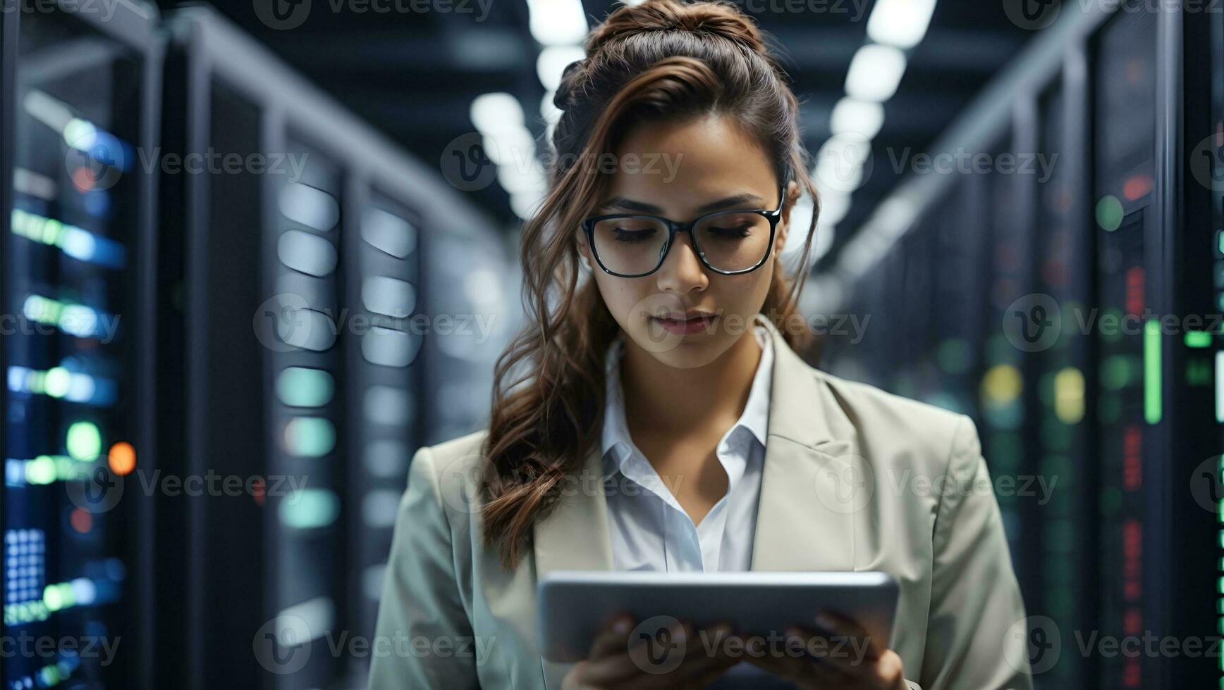 Successful Female Data Center IT Specialist Using Tablet Computer, Turning Augmented VFX Visualization on Server Farm Cloud Computing Facility. Ai Generated photo