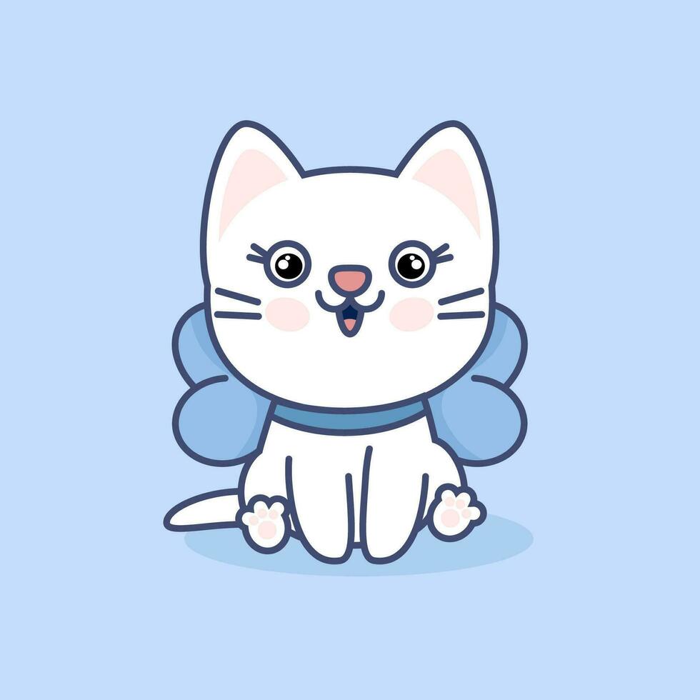 linda gatito en kawaii estilo con un azul arco en su cuello vector