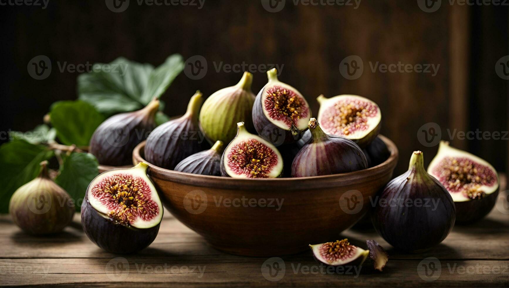 Figs. A few figs in a bowl on an old wooden background. Ai Generated photo