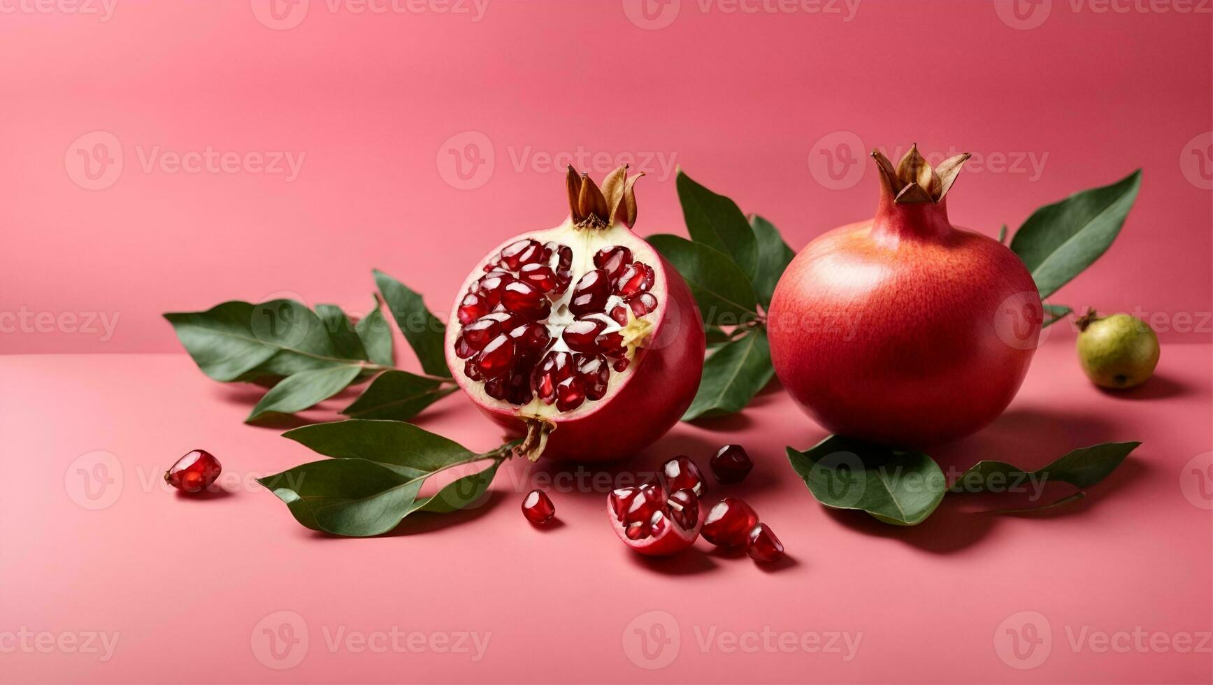 Ripe pomegranate fruit near leaf on pink background top-down copy space. Ai Generated photo