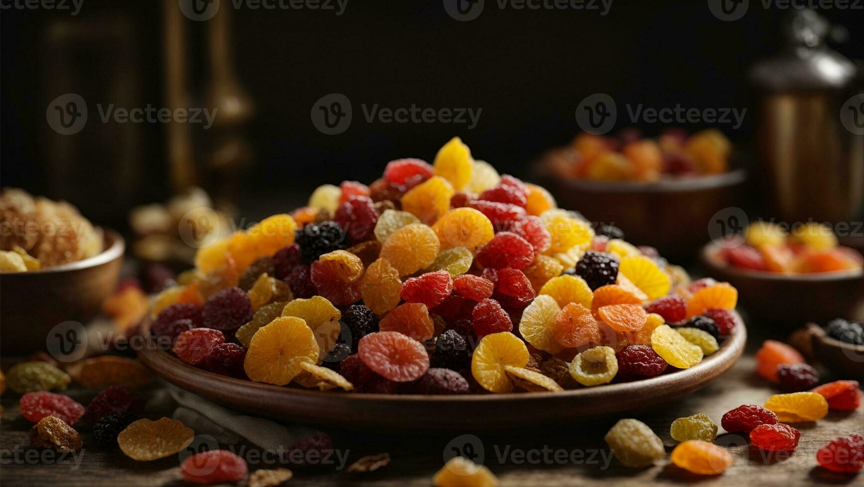 Mix of dried and candied fruit. Ai Generated photo