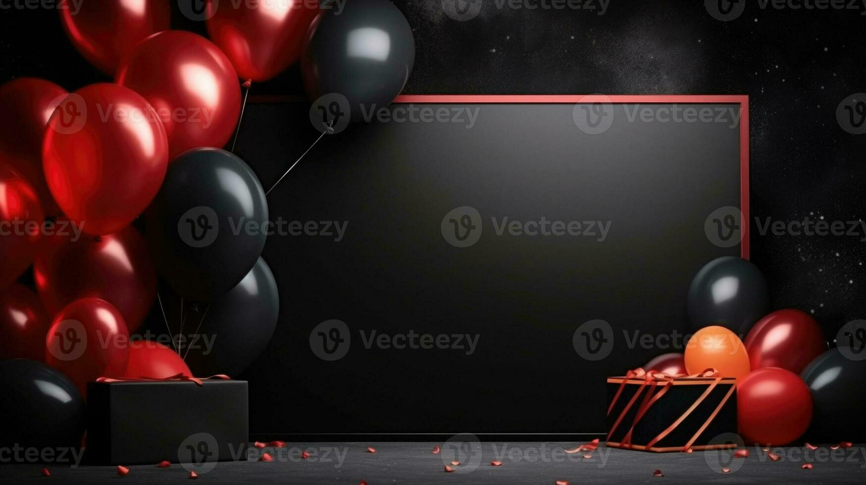 Festive balloons and gift boxes on dark background. Generative AI photo