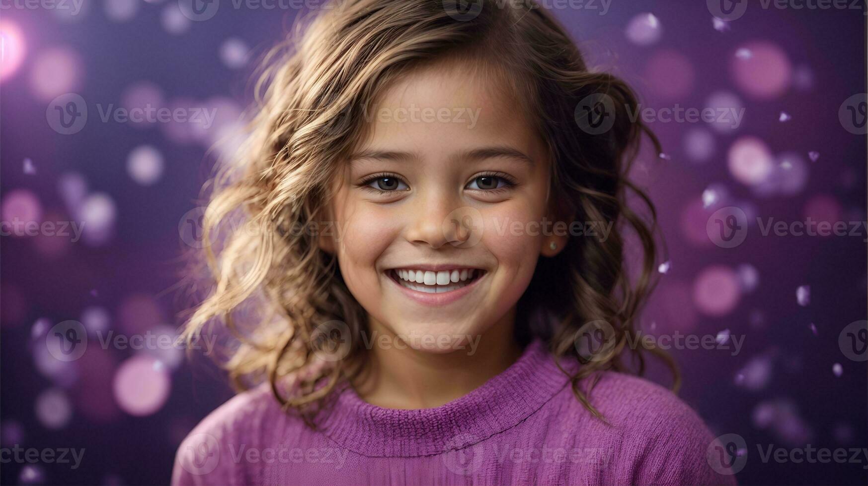 Smiling child girl, advertising healthy teeth. Oral hygiene product that contains purple microparticles.. Ai Generated photo
