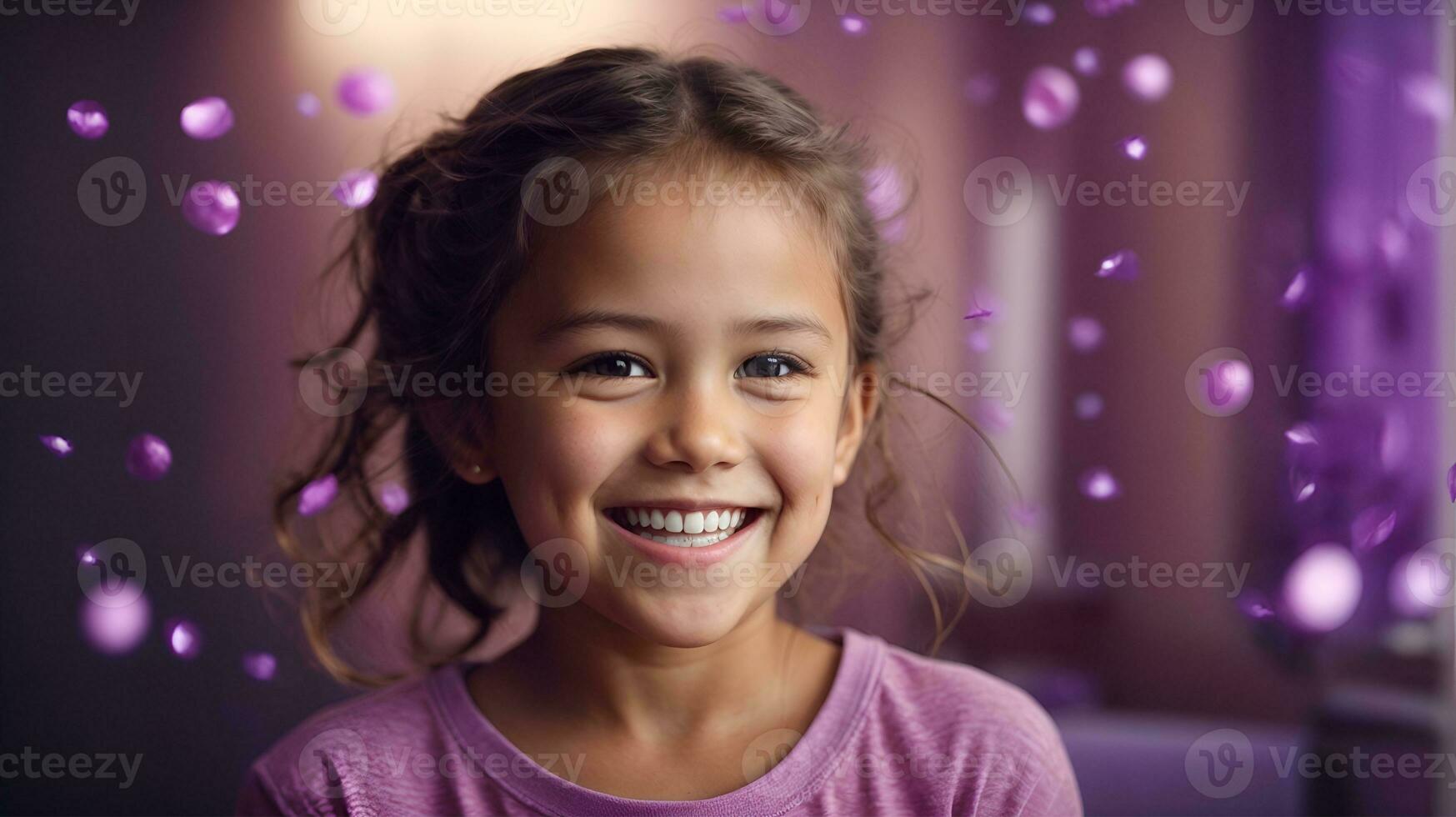 sonriente niño chica, publicidad sano dientes. oral higiene producto ese contiene púrpura micropartículas.. ai generado foto