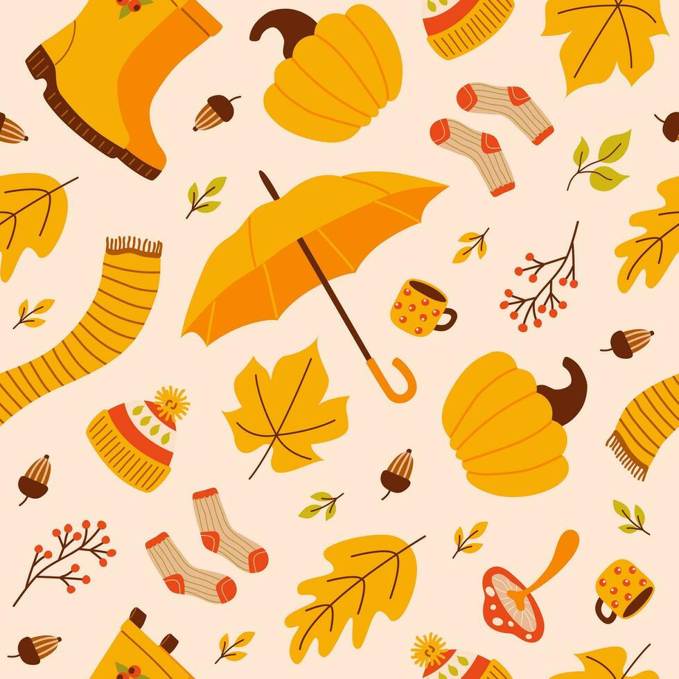 Colorful autumn seamless pattern of seasonal elements, leaves, pumpkins, berries, mushrooms, acorns and other. Trendy vector cartoon illustration